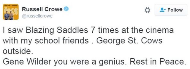 "I saw Blazing Saddles 7 times at the cinema with my school friends . George St. Cows outside."