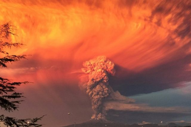 プエルトモントから撮影したカルブコ火山噴火の様子（4月22日）