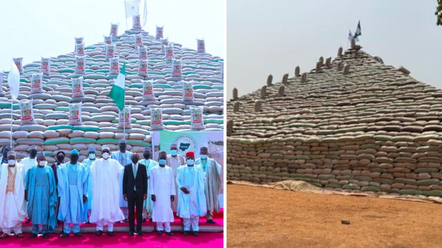 Abuja rice pyramid: Dem use wood pad rice pyramid wey Buhari unveil? - BBC  News Pidgin