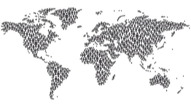 Dibujo de un mapa mundial con íconos de personas.