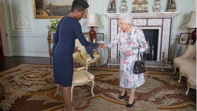 Queen Elizabeth II receives the High Commissioner for Grenada, Lakisha Grant, during a private audience at Buckingham Palace on October 22, 2019 in London, England