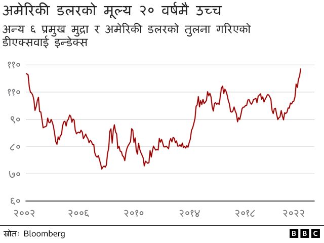 अमेरिकी डलरको मूल्य २० वर्षकै उच्चविन्दुमा पुगेको छ