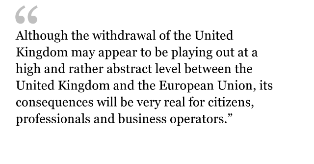 QUOTE: Although the withdrawal of the UK may appear to be playing out a high and rather abstract level between the UK and the UK, its consequences will be very real for citizens, professionals and business operators.