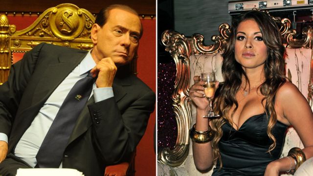 A composite image shows Silvio Berlusconi, left, leaning casually in the golden chair of parliament in 2010, while on the right is pictured Karima El-Mahroug, seated in a rather more ornate golden chair at a nightclub photoshoot, wearing a black dress and raising a glass of champagne