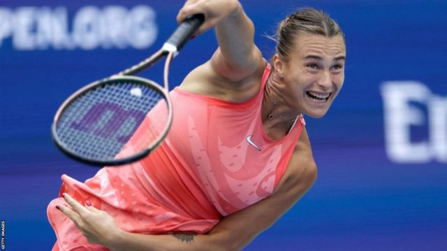 Aryna Sabalenka serving at the US Open