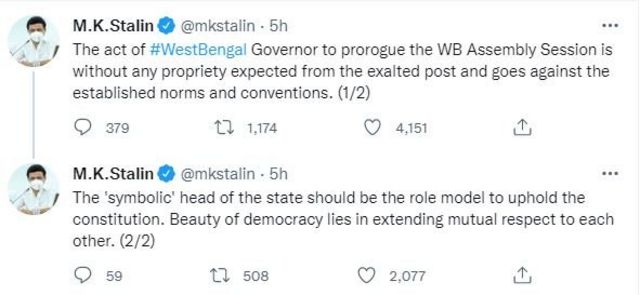 MK Stalin's tweet on the West Bengal issue