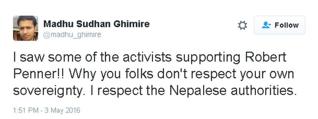 Tweet by Madhu Ghimire: I saw some of the activists supporting Robert Penner!! Why you folks don't respect your own sovereignty. I respect the Nepalese authorities.