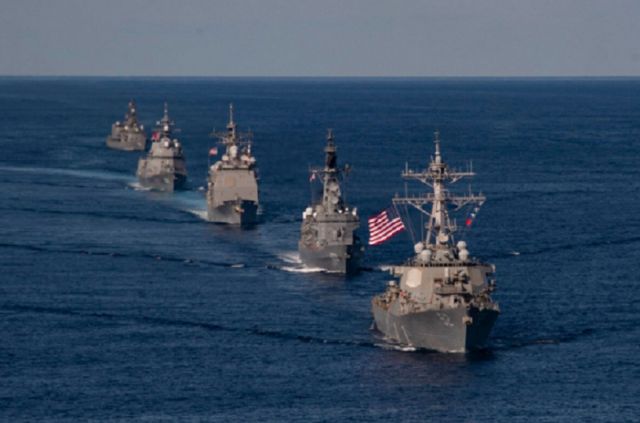 U.S. Navy and Japan Maritime Self-Defense Force ships sail in formation to kick off exercise Keen Sword, Oct. 26. (Navy/MC2 Erica Bechard)