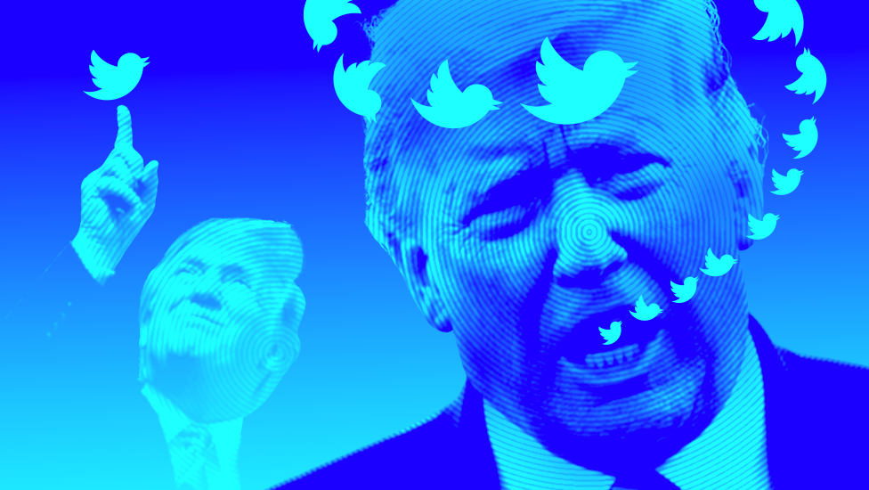 Montagem com fotografia de Trump falando e o símbolo do Twitter saindo de sua boca.