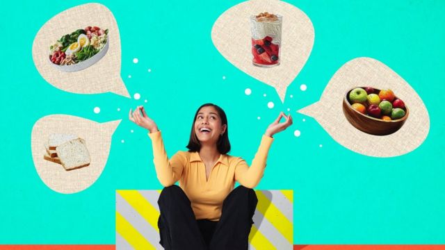 Woman sitting with healthy food in thought bubbles around her.