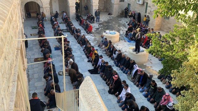 Muslim Palestinians pray in Prophet Moses