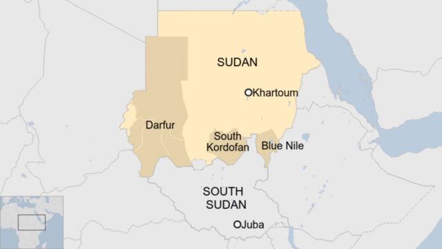 Map of Sudan showing Darfur, South Kordofan and Blue Nile