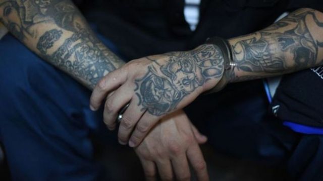 Brazos de un pandillero llenos de tatuajes.