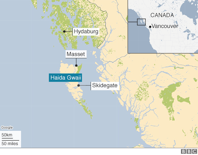 A map showing the Haida Gwaii archipelago with Hydaburg, Masset and Skidegate- the three Haida dialects