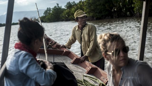 Западные туристы посещают мангровые рощи
