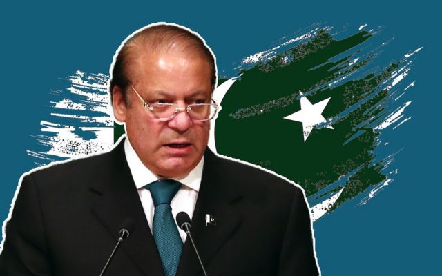 Image of Nawaz Sharif over a treated flag of Pakistan