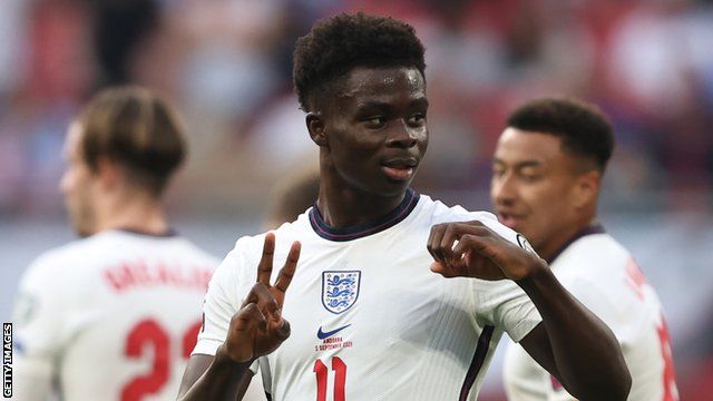 Bukayo Saka celebrates scoring for England against Andorra