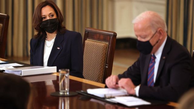 Kamala Harris and President Joe Biden meet cabinet members and immigration advisers in the State Dining Room on March 24, 2021