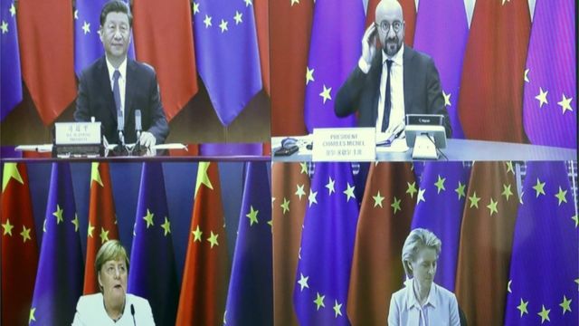 德国政府取消了原定的实体会议,会议日程缩短为1天,且只有习近平、欧盟轮值主席国德国总理默克尔、欧洲理事会主席米歇尔、欧盟委员会主席冯德莱恩四人出席。