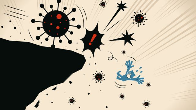 Illustration showing coronavirus kicking a person off a cliff