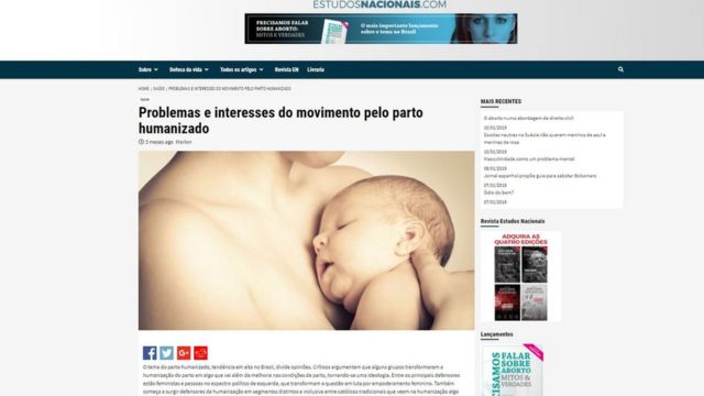 Captura de tela mostra site Estudos Nacionais com título: 'Problemas e interesses do movimento pelo parto humanizado'