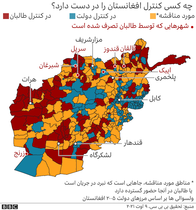 نقشه کنترل طالبان بر افغانستان