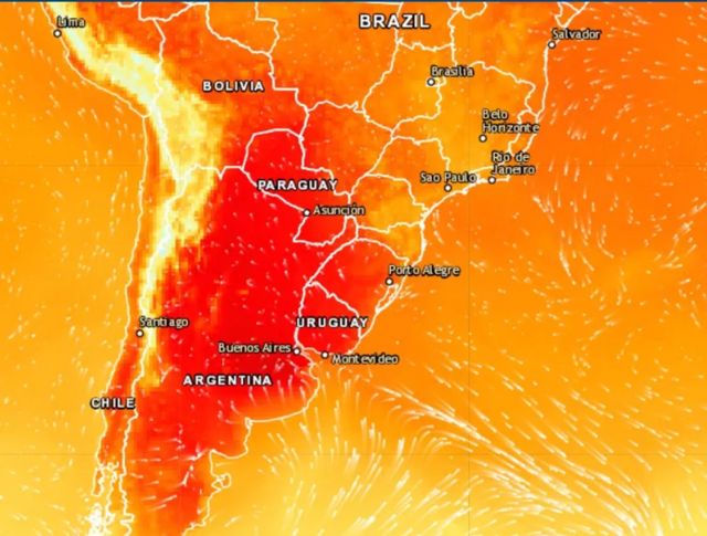 Mapa que muestra las altas temperaturas en la región central de Sudamérica