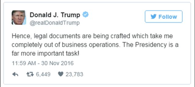 A tweet reads: "Hence, legal documents are being crafted which take me completely out of business operations. The Presidency is a far more important task!"
