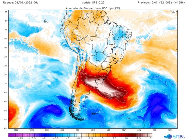 Mapa divulgado pela MetSul aponta calor extremo para os próximos dias no sul do Brasil e no centro da América do Sul
