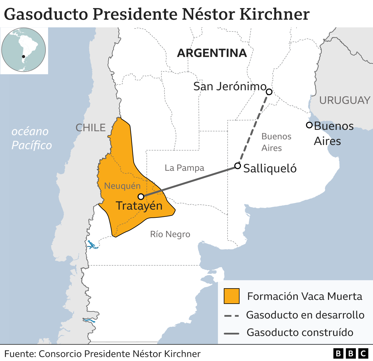 Mapa de lo dos tramos del Gasoducto Presidente Néstor Kirchner