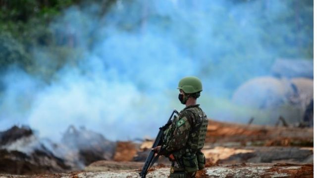 Soldado ao lado de madeira retirada ilegalmente da Amazônia