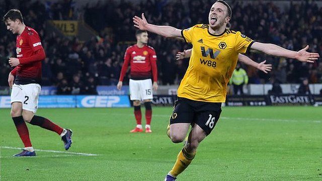 Diogo Jota celebrates scoring for Wolves against Manchester United in the FA Cup in March 2019