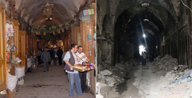 Aleppo souk before and after showing the market has been completely destroyed