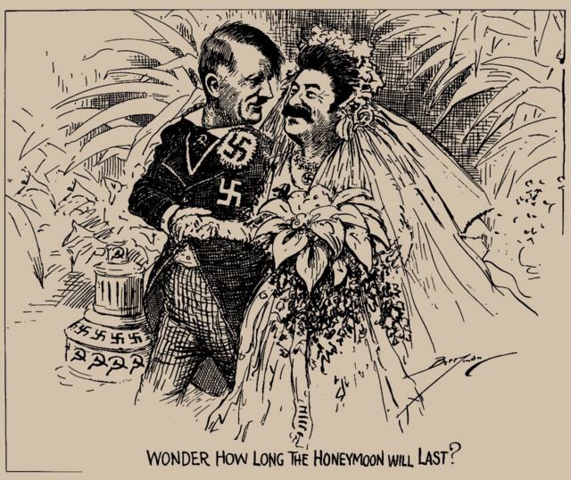 رسم كاريكاتيري يعود إلى عام 1939 يصور الاتفاق بين هتلر وستالين، متسائلا كم يطول شهر العسل؟
