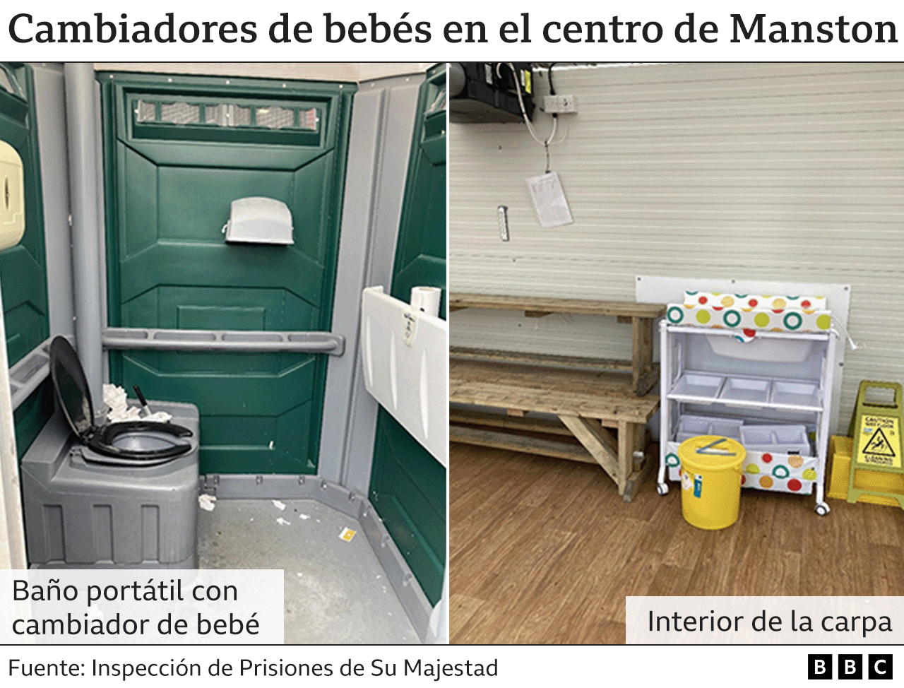 Interior de una carpa y de un baño portátil