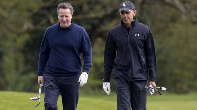 Mr Cameron and Mr Obama playing golf