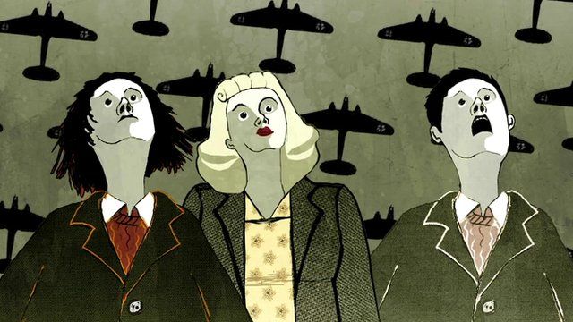 Cartoon figures look up at planes in the sky