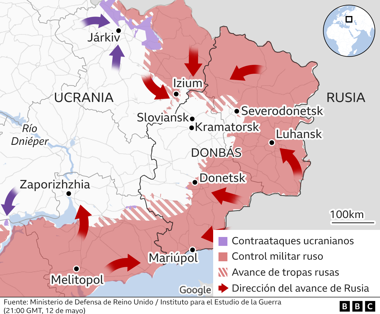 Mapa del este de Ucrania