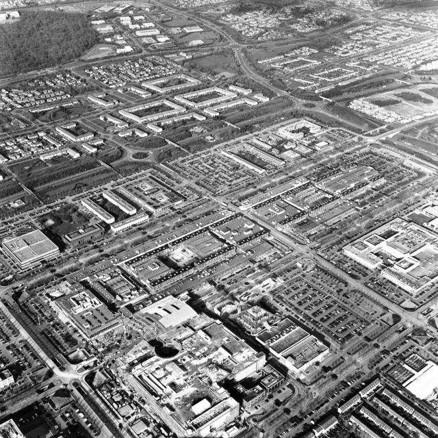 A black and white aerial view of Milton Keynes