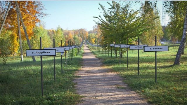 Signs bearing the names of abandoned communities make up a memorial in the town of Chernobyl