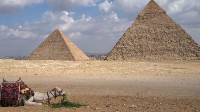 As Grandes Pirâmides de Gizé com um camelo deitado na frente delas
