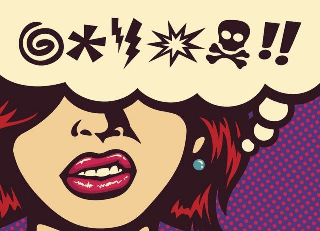 Pop art style illustration - a woman imagining swear words, represented by symbols