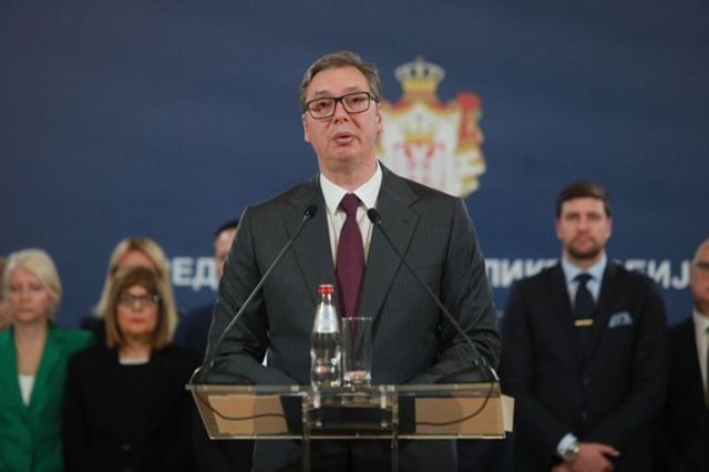 Serbian President Aleksandar Vucic at a presser