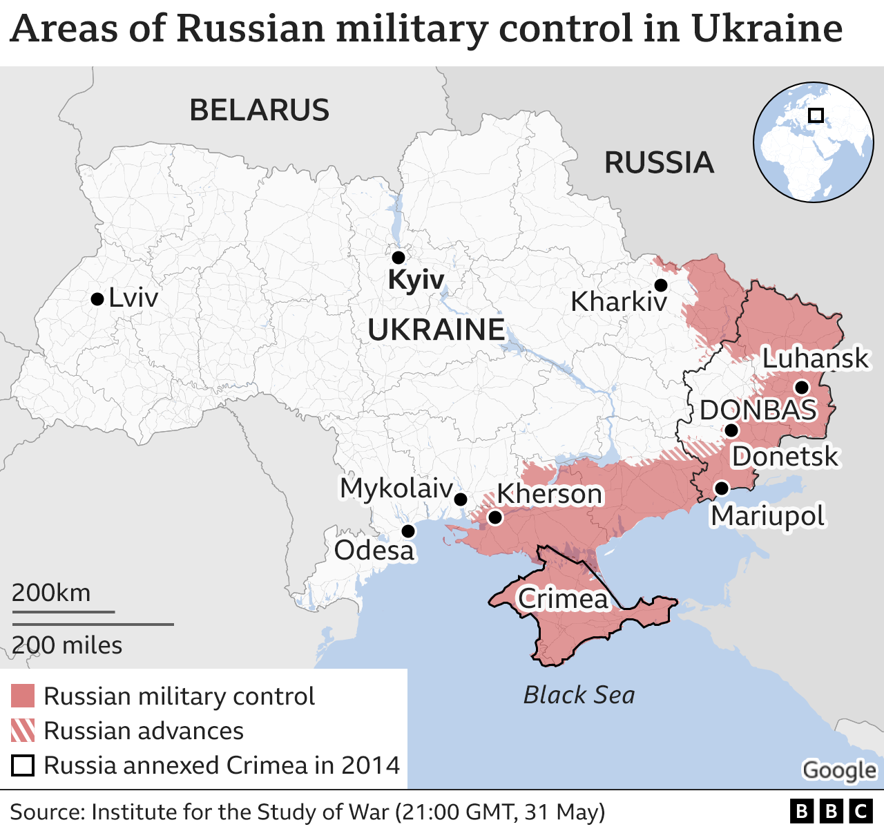 Mapa da Ucrânia mostrando áreas sob controle russo, atualizado em 1º de junho