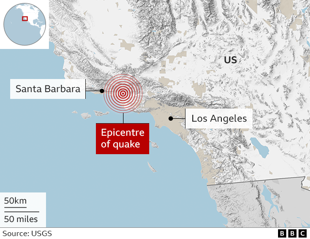 A map shows epicentre of earthquake in Ojai, Southern California