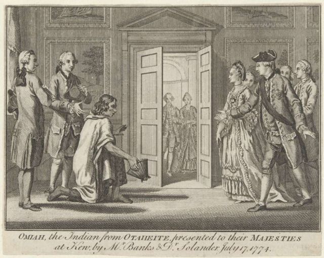 "Omiah el indio de Otaheite presentado a Sus Majestades en Kew por el Sr. Banks y el Dr. Solander, 17 de julio de 1774".