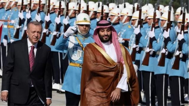 Recep Tayyip Erdogan with Prince Mohammed bin Salman