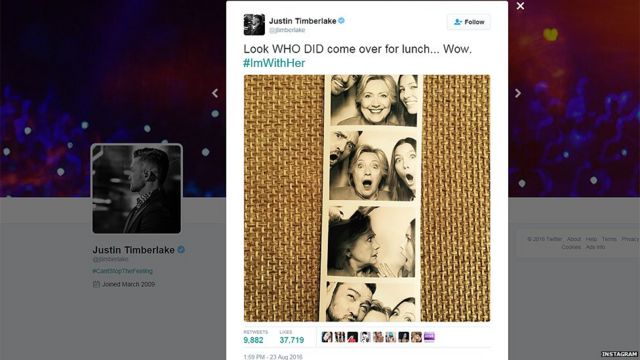 Fotos tomadas en un fotomatón en las que aparecen Justin Timberlake, Hilary Clinton y Jessica Biel.
