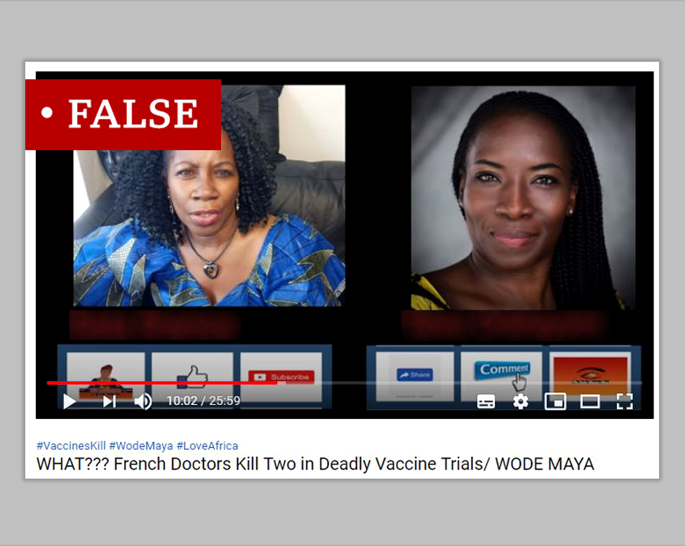 A screenshot from a YouTube video labelled "False". The title of the video reads "WHAT??? French Doctors Kill Two in Deadly Vaccine Trials/ WODE MAYA".