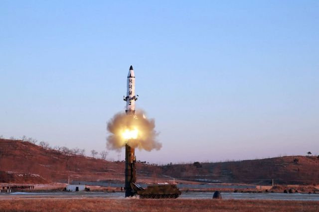 This photo taken on February 12, 2017 and released on February 13 by North Korea's official Korean Central News Agency (KCNA) shows the launch of a surface-to-surface medium long-range ballistic missile Pukguksong-2 at an undisclosed location